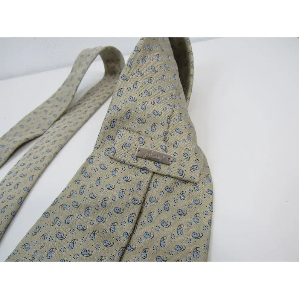 Brioni Silk Tan With Blue Micro Paisley Print Handmade in Italy Tie Neckwear